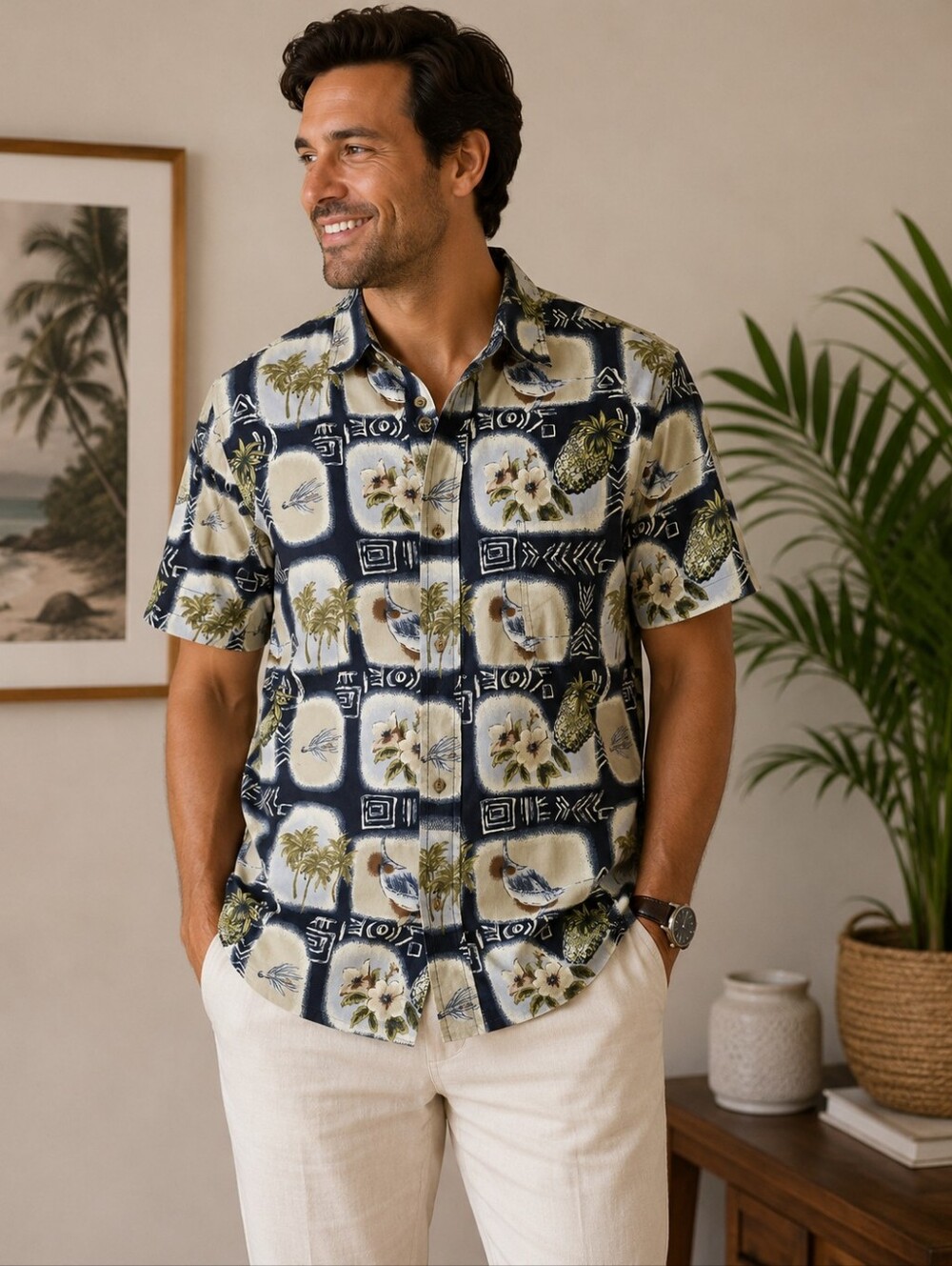Michael Austin Rugged Wear Men's Tropical Print Short-Sleeve Button Down Shirt